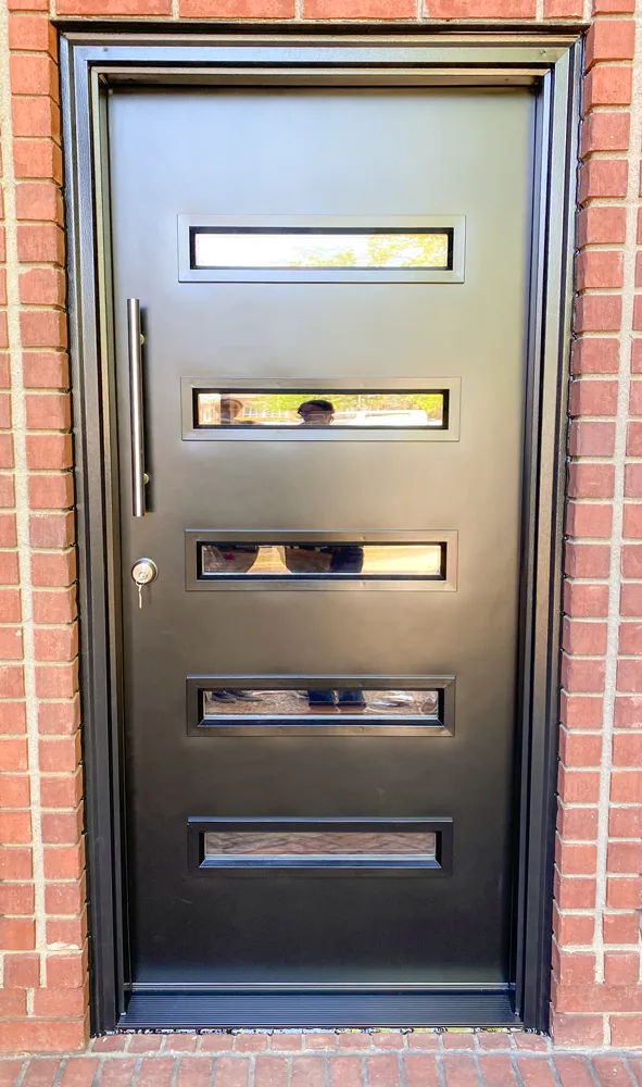 Modern black front door with horizontal glass strips