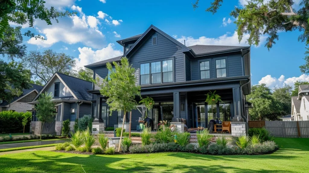 Two-story home with dark blue siding, stone accents and a landscaped front yard