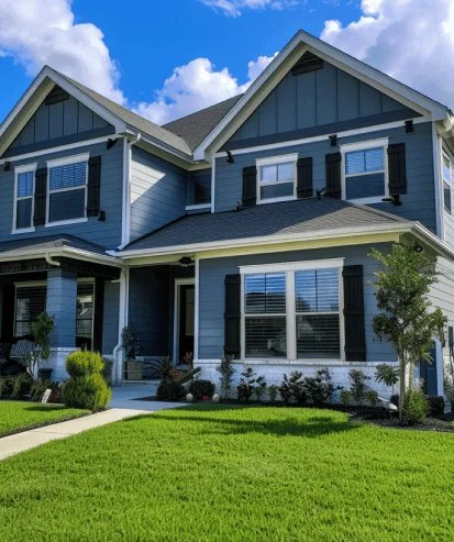 Two-story home with blue board-and-batten siding and black shutters