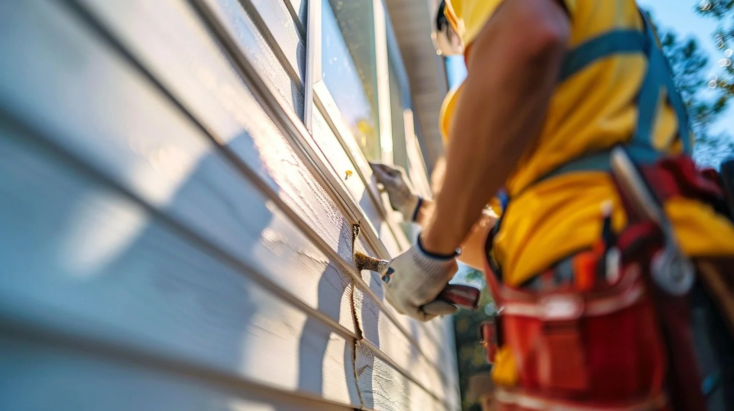 Installer in a tool belt fastening a board of lap siding to a wall