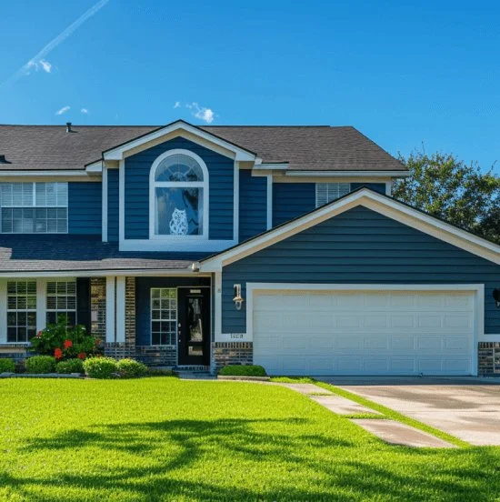 Two-story home with blue lap siding and a white garage door