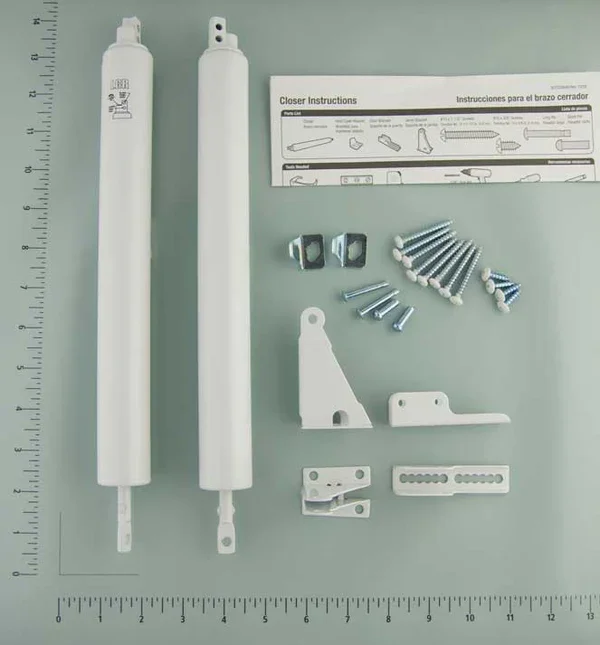 Larson storm door closer kit with dual pneumatic closers, brackets, screws, and instructions—complete hardware set for easy storm door installation or repair.