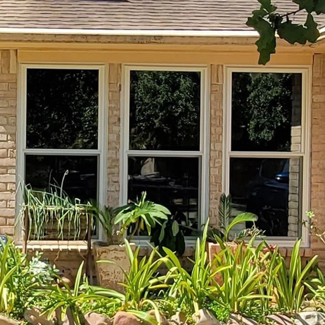 Three new windows above a bed of plants on a brick home