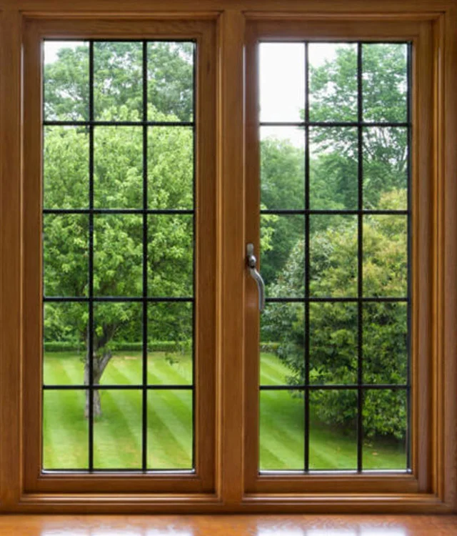 Wood-grain casement windows with grids looking out on a green lawn