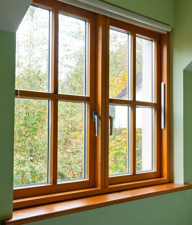 Casement windows with wood-grain frames and lever handles, seen from inside