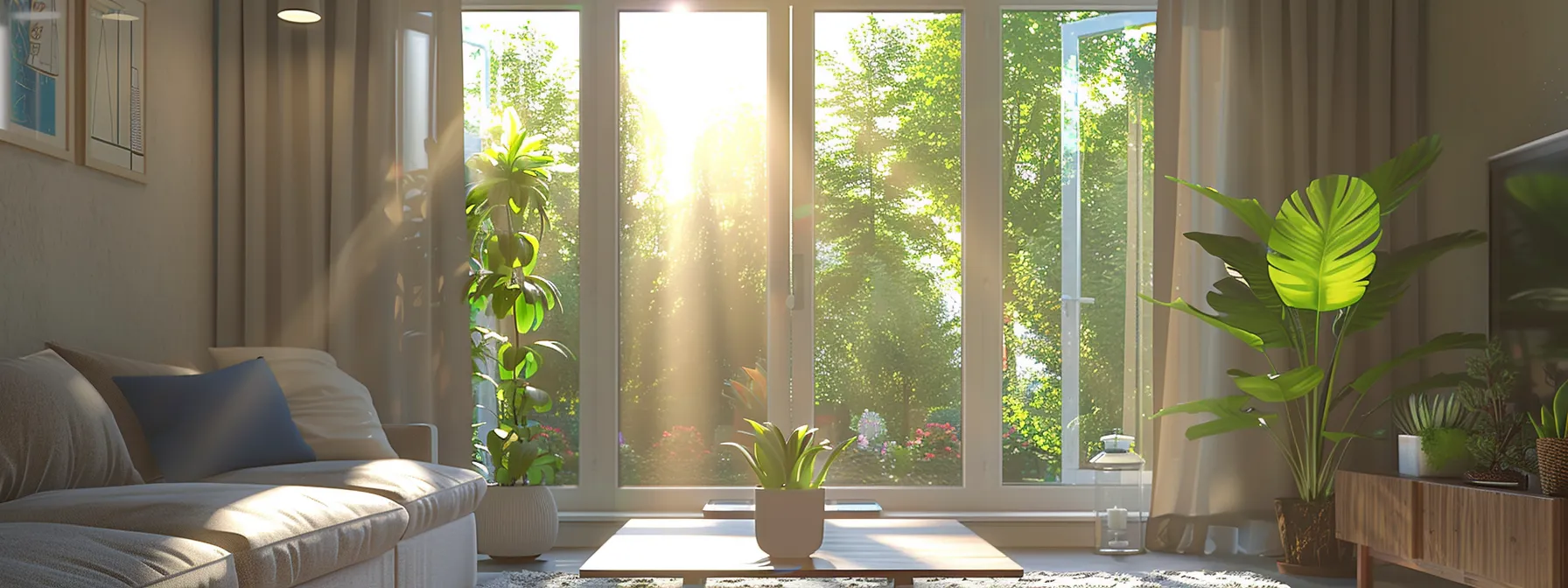 a modern, energy-efficient window reflecting bright sunlight into a room, showcasing its cost-saving potential.