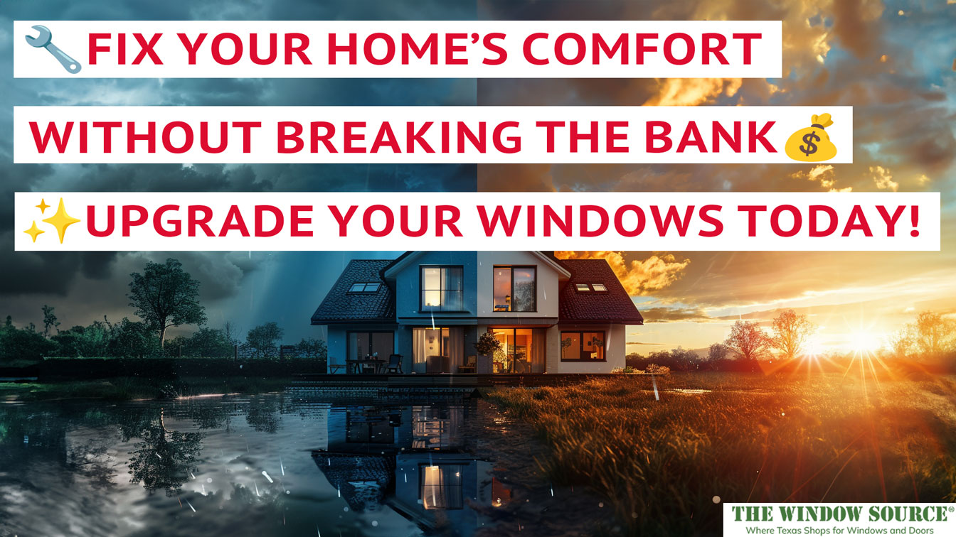 an image of a split screen of a house, one side cold and dark, other side, sunny and warm with text " fix your home's comfort" advertising Energy-Efficient Windows.